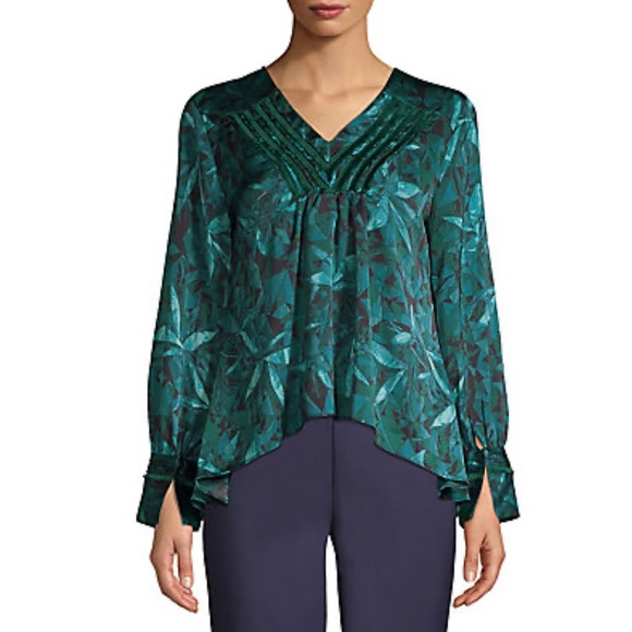 H Halston Leaf Print High-Low Blouse - Picture 2 of 8